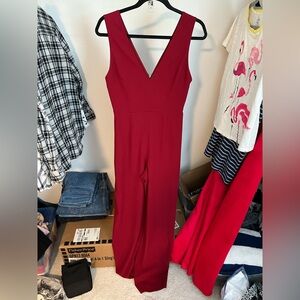 Alice + Olivia Red V-Neck Wide-leg Jumpsuit